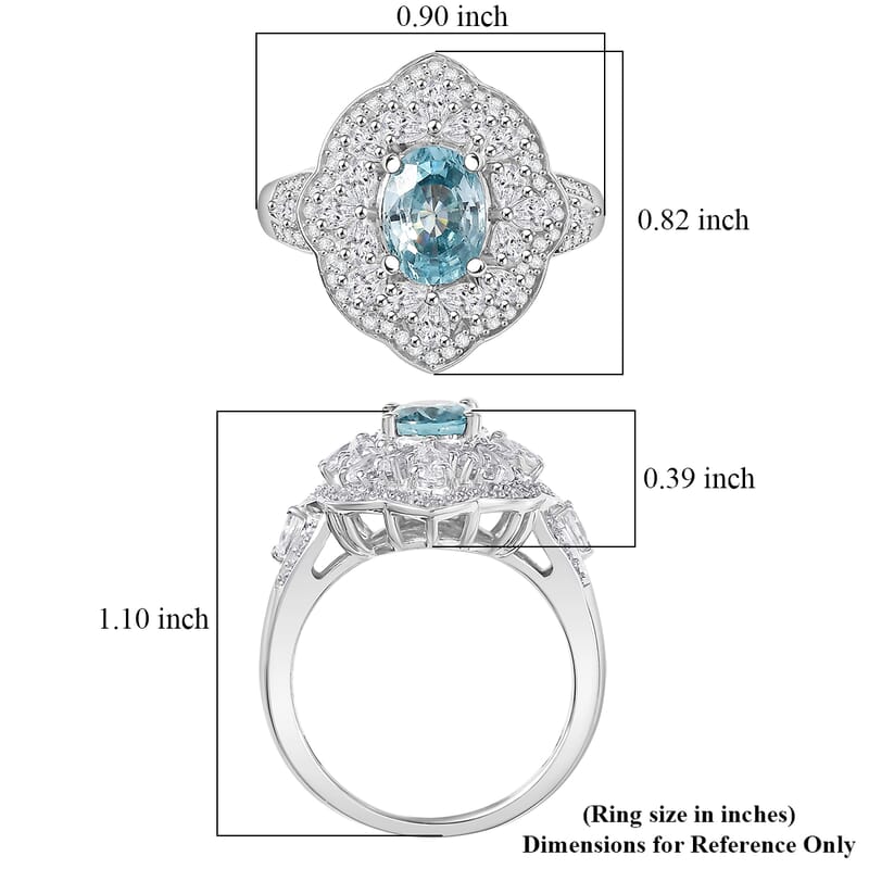 D'Joy Premium Cambodian Blue Zircon and White Zircon 3.70 ctw Regal Sky Sparkle Ring in Rhodium Over Sterling Silver (Size 10.0)