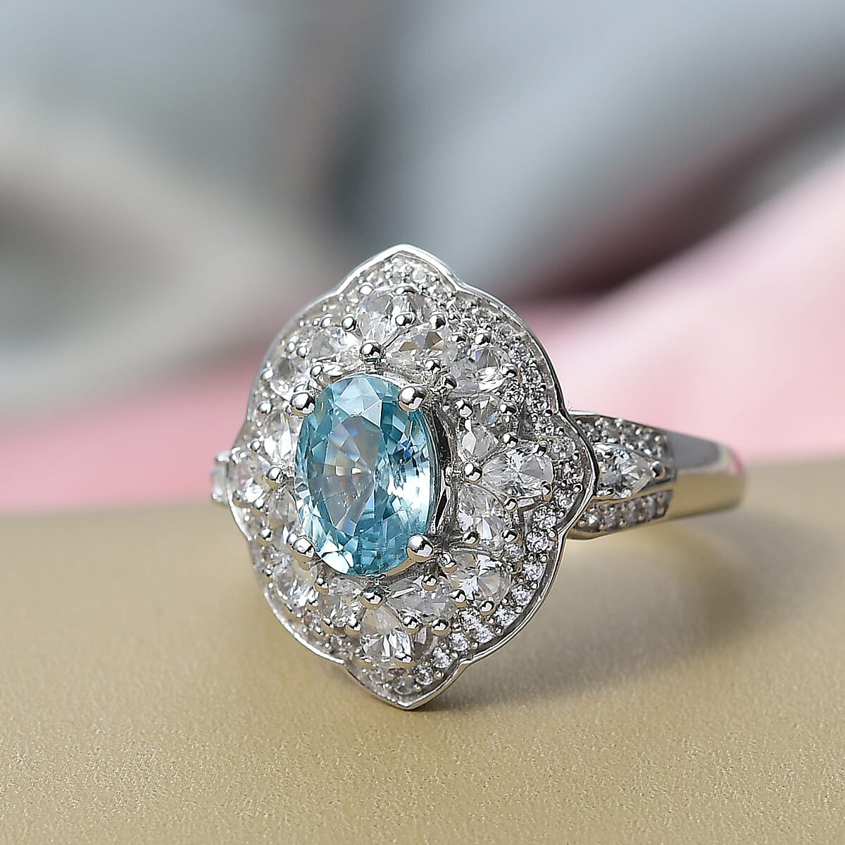 D'Joy Premium Cambodian Blue Zircon and White Zircon 3.70 ctw Ring in Rhodium Over Sterling Silver (Size 7.0) image number 1