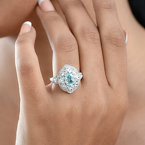 D'Joy Premium Cambodian Blue Zircon and White Zircon 3.70 ctw Ring in Rhodium Over Sterling Silver (Size 9.0)
