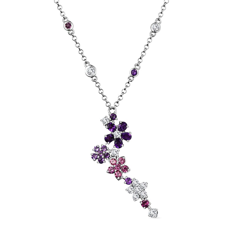 GP Italian Garden Collection Multi Gemstone 3.30 ctw Flower Necklace in Rhodium Over Sterling Silver 18 Inches