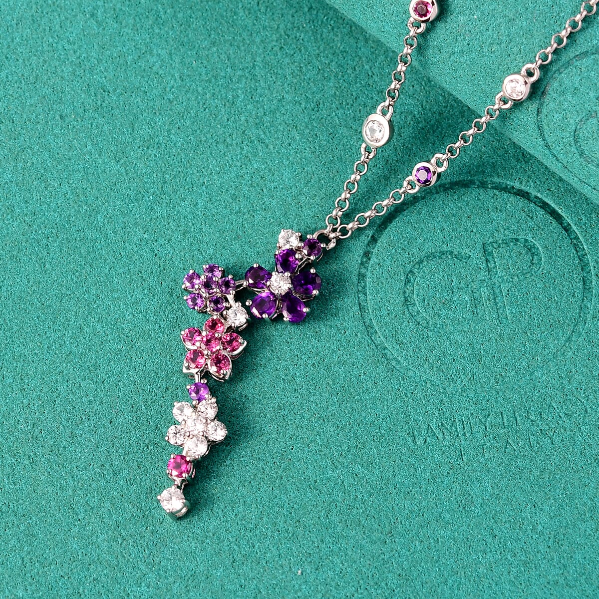 GP Italian Garden Collection Multi Gemstone 3.30 ctw Flower Necklace in Rhodium Over Sterling Silver 18 Inches image number 1