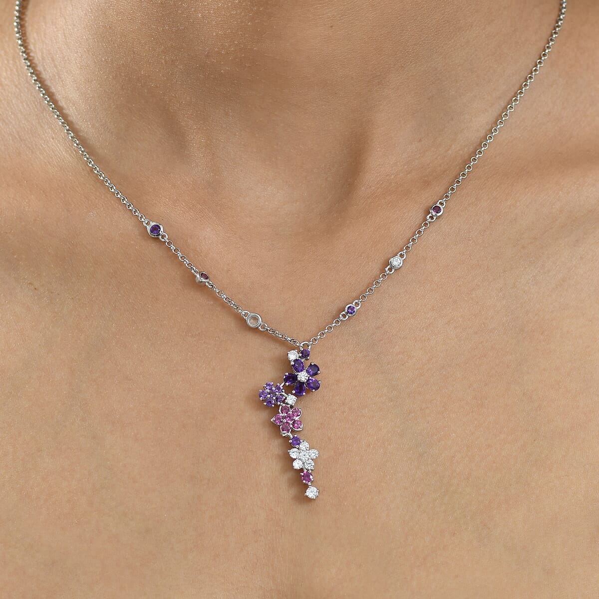 GP Italian Garden Collection Multi Gemstone 3.30 ctw Flower Necklace in Rhodium Over Sterling Silver 18 Inches image number 2