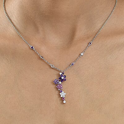 GP Italian Garden Collection Multi Gemstone 3.30 ctw Flower Necklace in Rhodium Over Sterling Silver 18 Inches