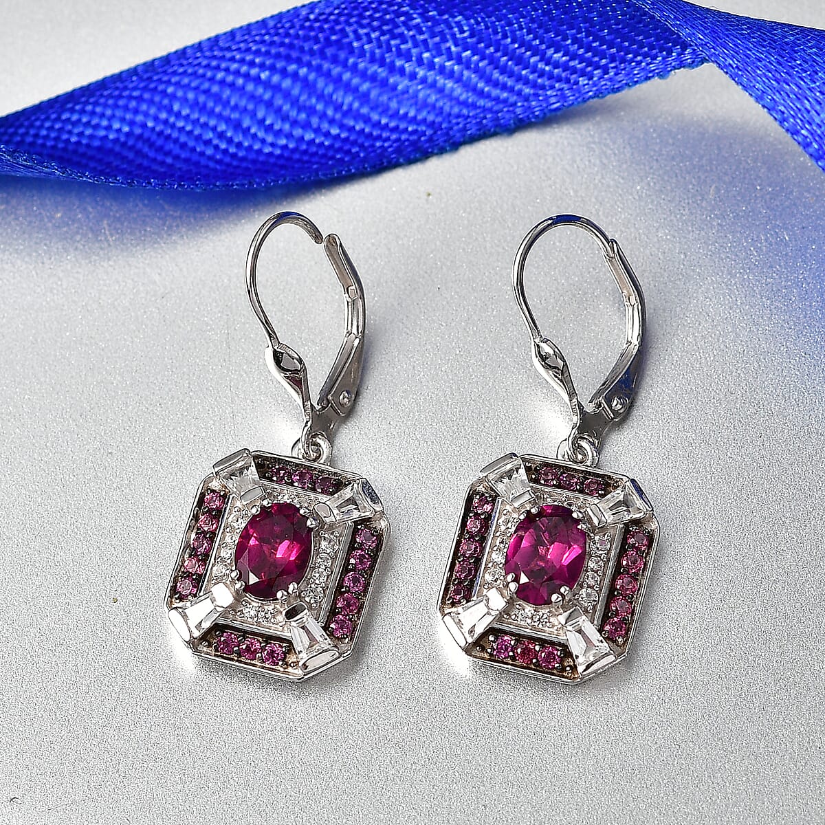 D'Joy Orissa Rhodolite Garnet and White Zircon 3.70 ctw Art Deco Earrings in Rhodium Over Sterling Silver image number 1