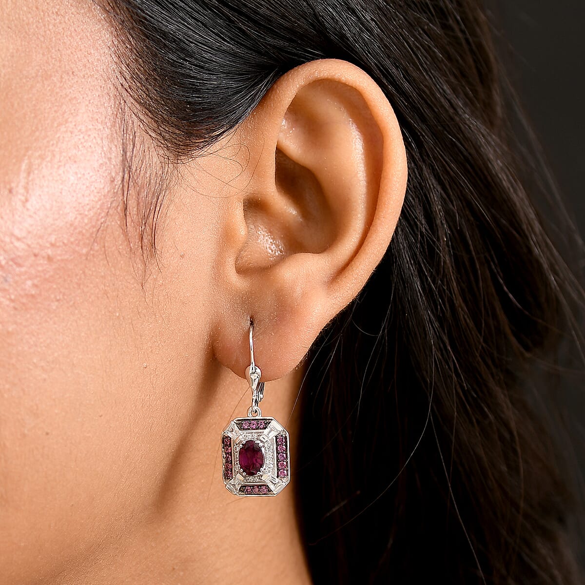 D'Joy Orissa Rhodolite Garnet and White Zircon 3.70 ctw Art Deco Earrings in Rhodium Over Sterling Silver image number 2