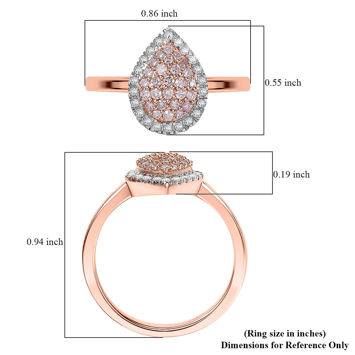 D'Joy Natural Pink and White Diamond 0.50 ctw Tear of Joy Ring in 18K Vermeil Rose Gold Over Sterling Silver (Size 7.0)