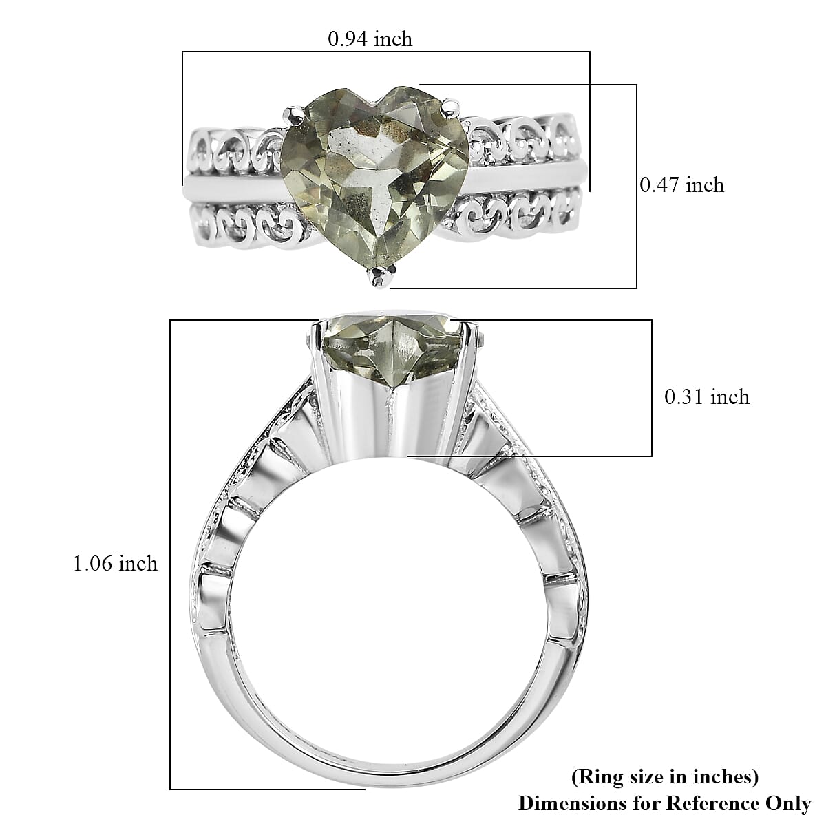 EverTrue Montezuma Prasiolite 3.20 ctw Heart Ring in Stainless Steel (Size 6.0)