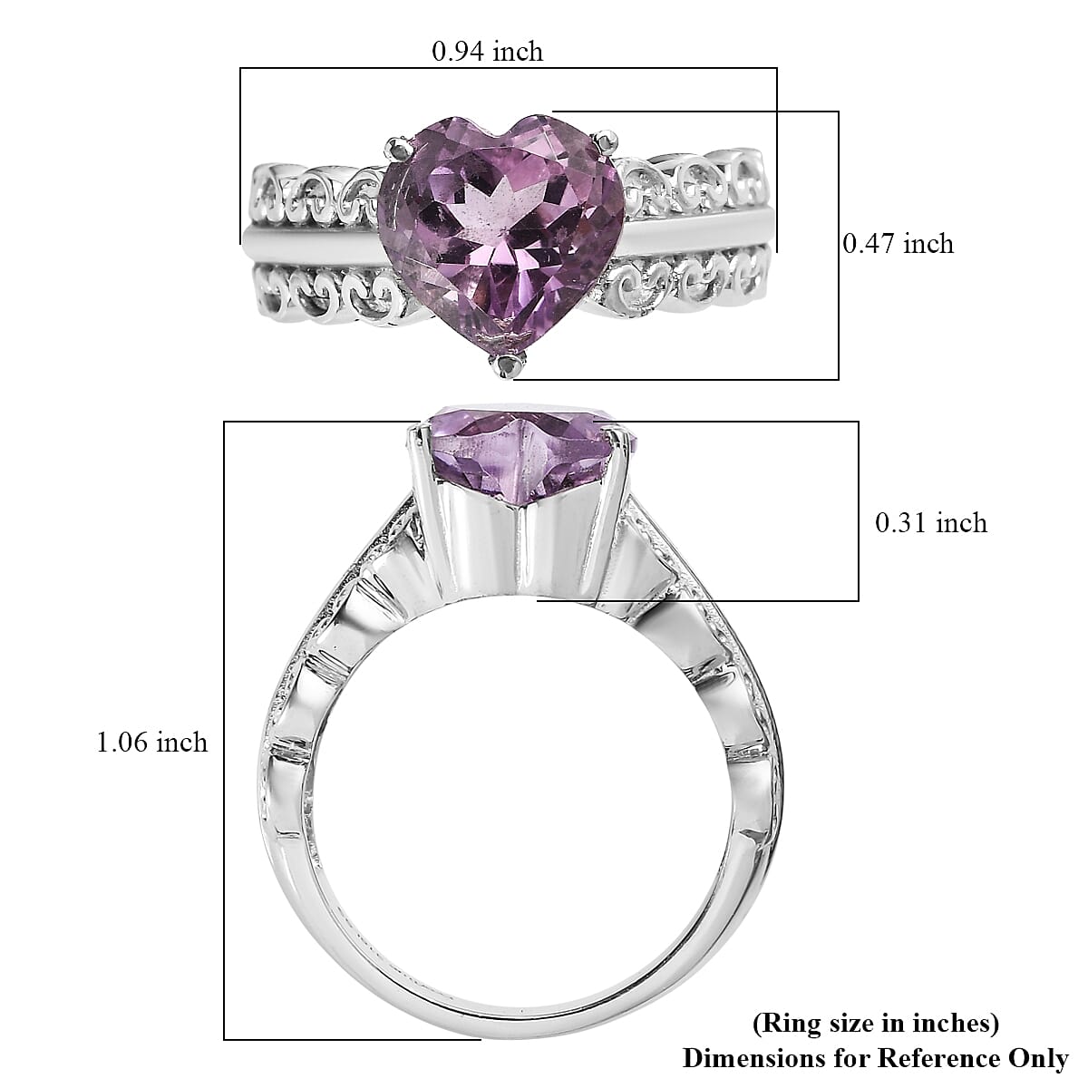EverTrue Rose De France Amethyst 3.20 ctw Heart Ring in Stainless Steel (Size 10)