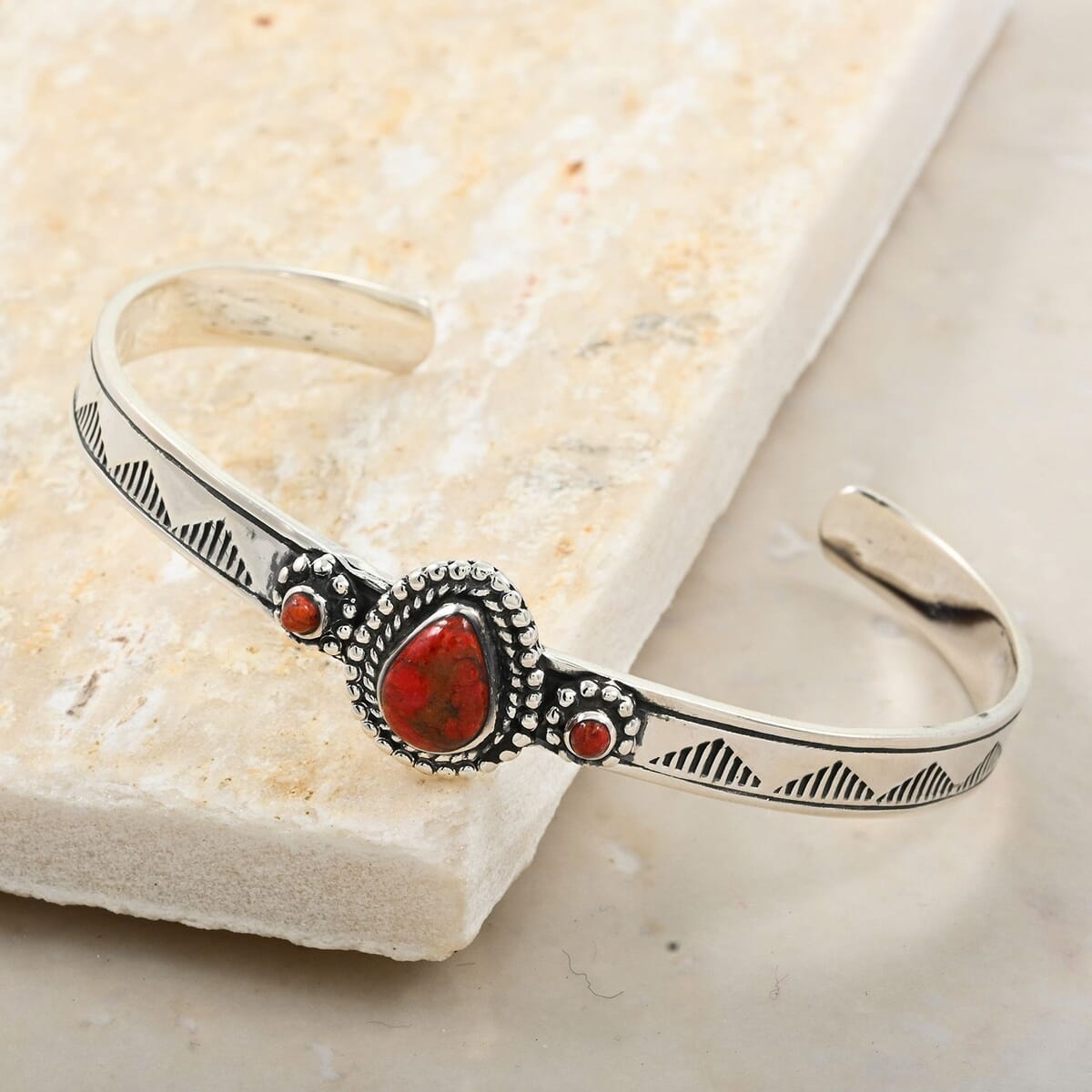 Santa Fe Style Enhanced Red Coral Cuff Bracelet Sterling Silver (7.00 In) 9.00 ctw image number 1