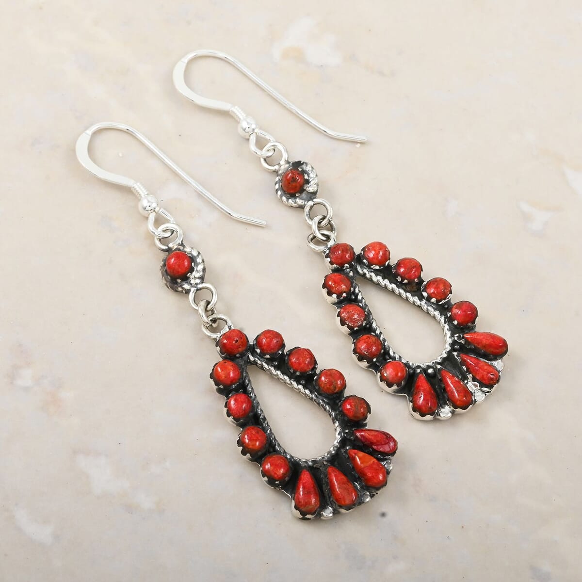 Santa Fe Style Enhanced Red Coral Earrings in Sterling Silver 6.50 ctw image number 1