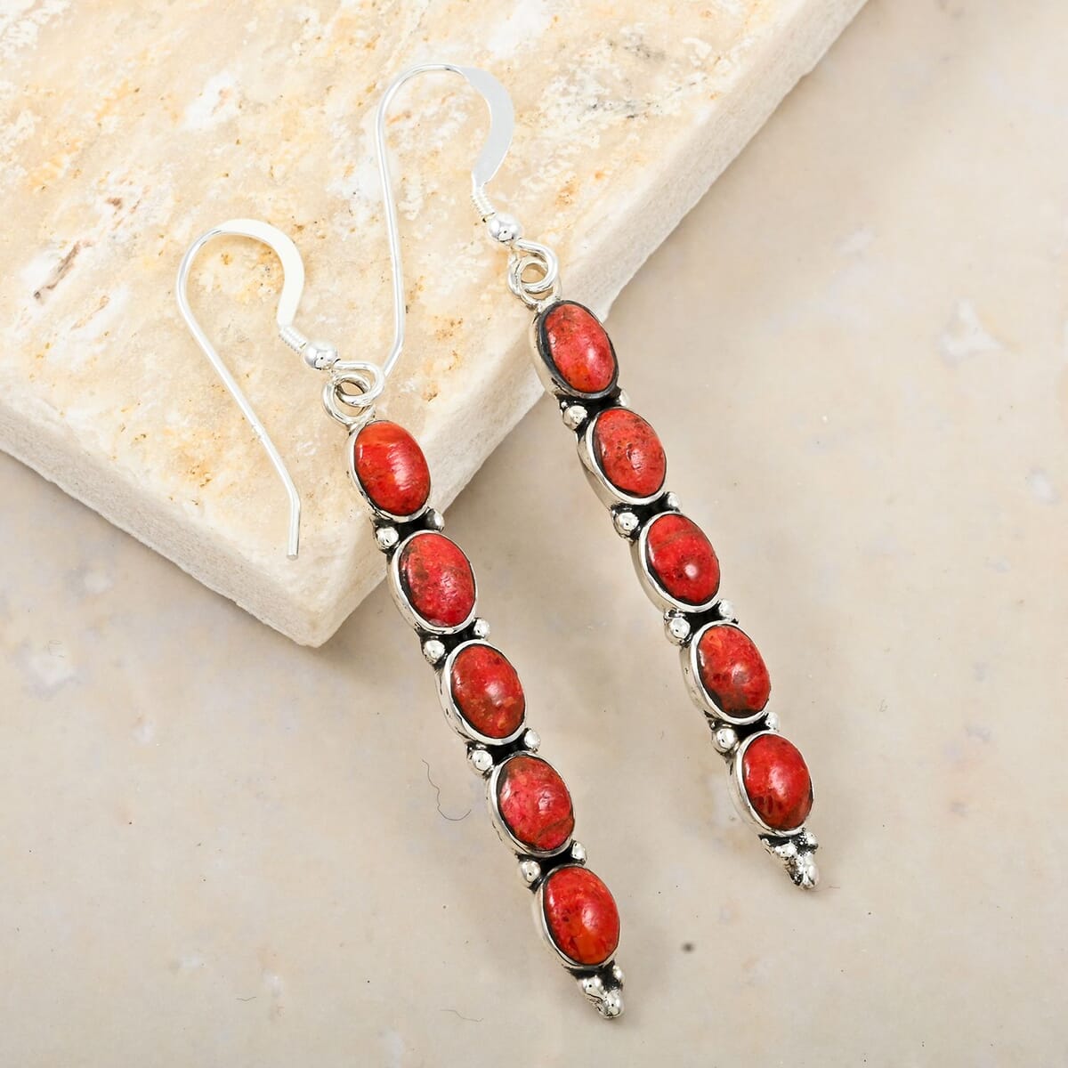 Santa Fe Style Enhanced Red Coral 4.50 ctw Earrings in Sterling Silver image number 1
