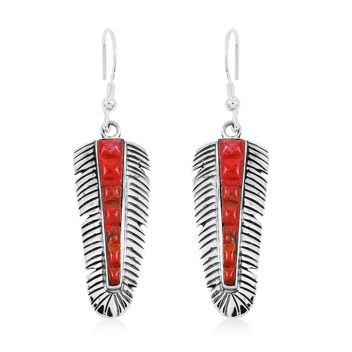 Santa Fe Style Enhanced Red Coral Feather Earrings in Sterling Silver 2.50 ctw image number 0
