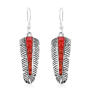 Santa Fe Style Enhanced Red Coral Feather Earrings in Sterling Silver 2.50 ctw