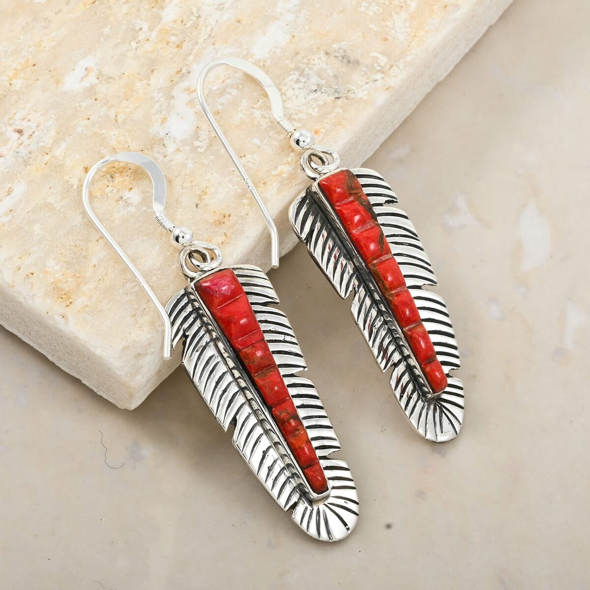 Santa Fe Style Enhanced Red Coral Feather Earrings in Sterling Silver 2.50 ctw image number 1