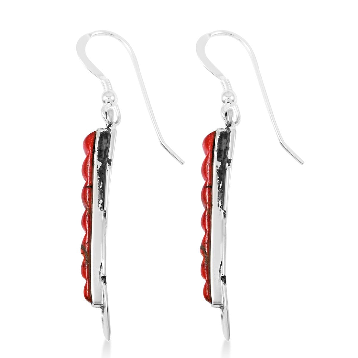 Santa Fe Style Enhanced Red Coral Feather Earrings in Sterling Silver 2.50 ctw image number 3