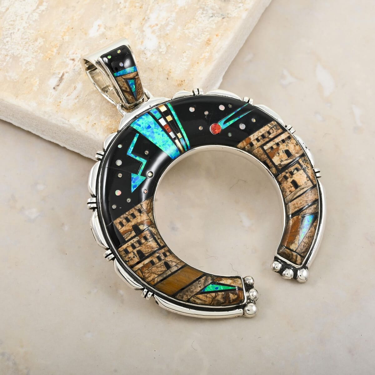 Santa Fe Style Black Onyx 48.00 ctw Pueblo Pendant in Sterling Silver image number 1