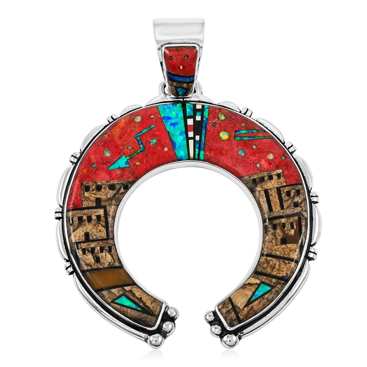 Santa Fe Style Enhanced Red Coral Pueblo Pendant in Sterling Silver image number 0
