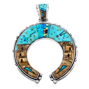 Santa Fe Style Kingman Turquoise 48.00 ctw Pueblo Pendant in Sterling Silver