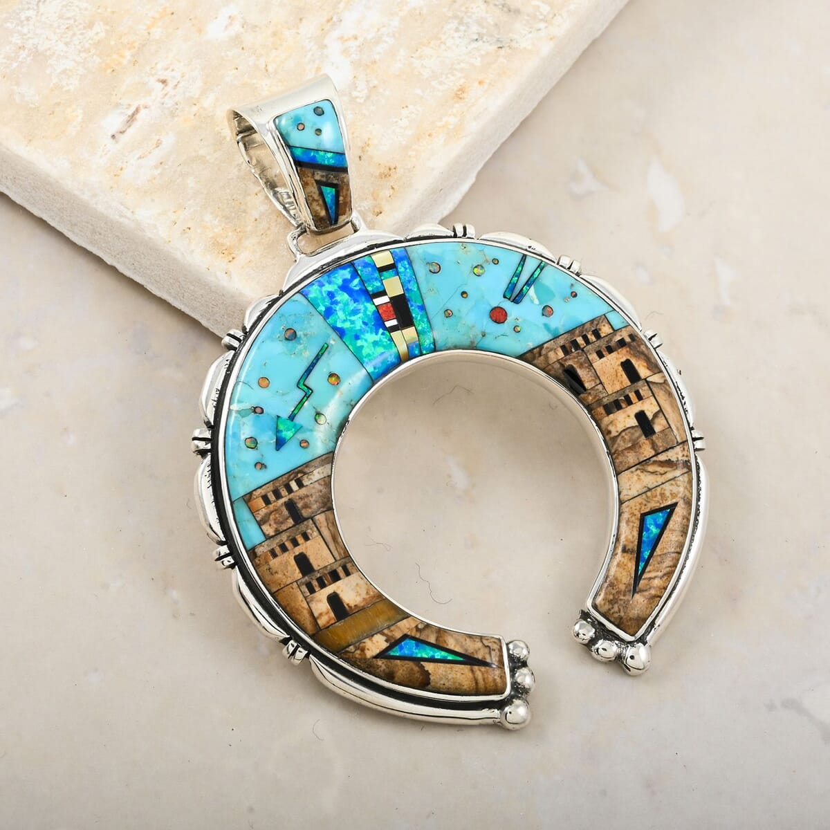 Santa Fe Style Kingman Turquoise 48.00 ctw Pueblo Pendant in Sterling Silver image number 1