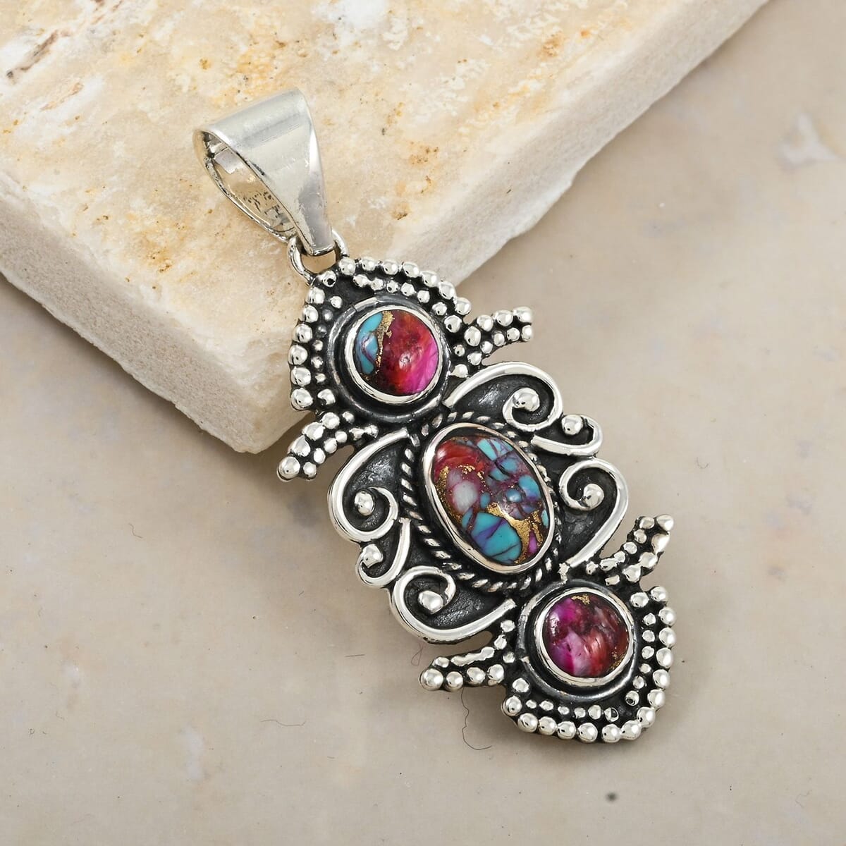 Santa Fe Style Rainbow Multi Gemstone Pendant in Sterling Silver 5.50 ctw image number 1