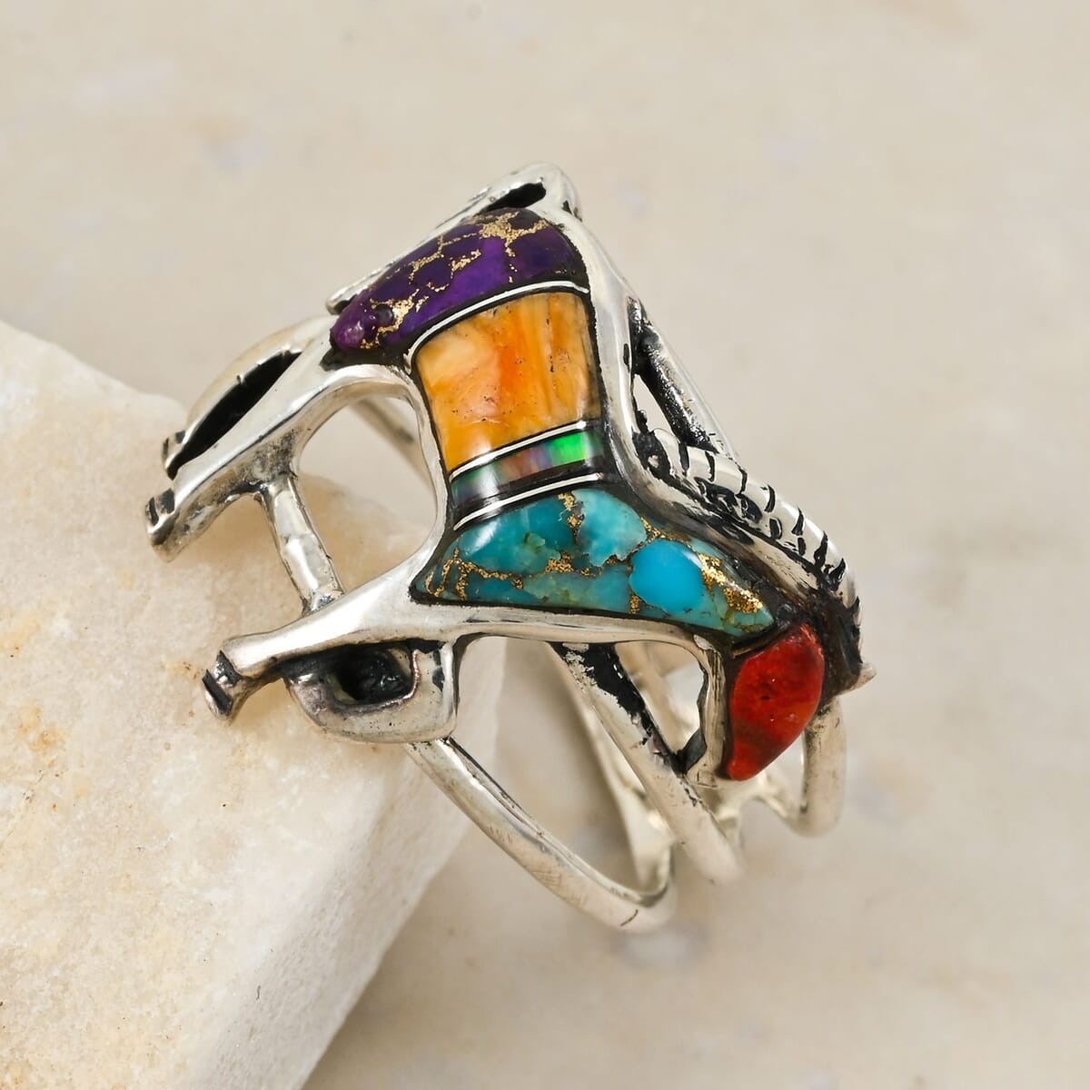 Santa Fe Style Multi Gemstone 3.50 ctw Horse Ring in Sterling Silver image number 1