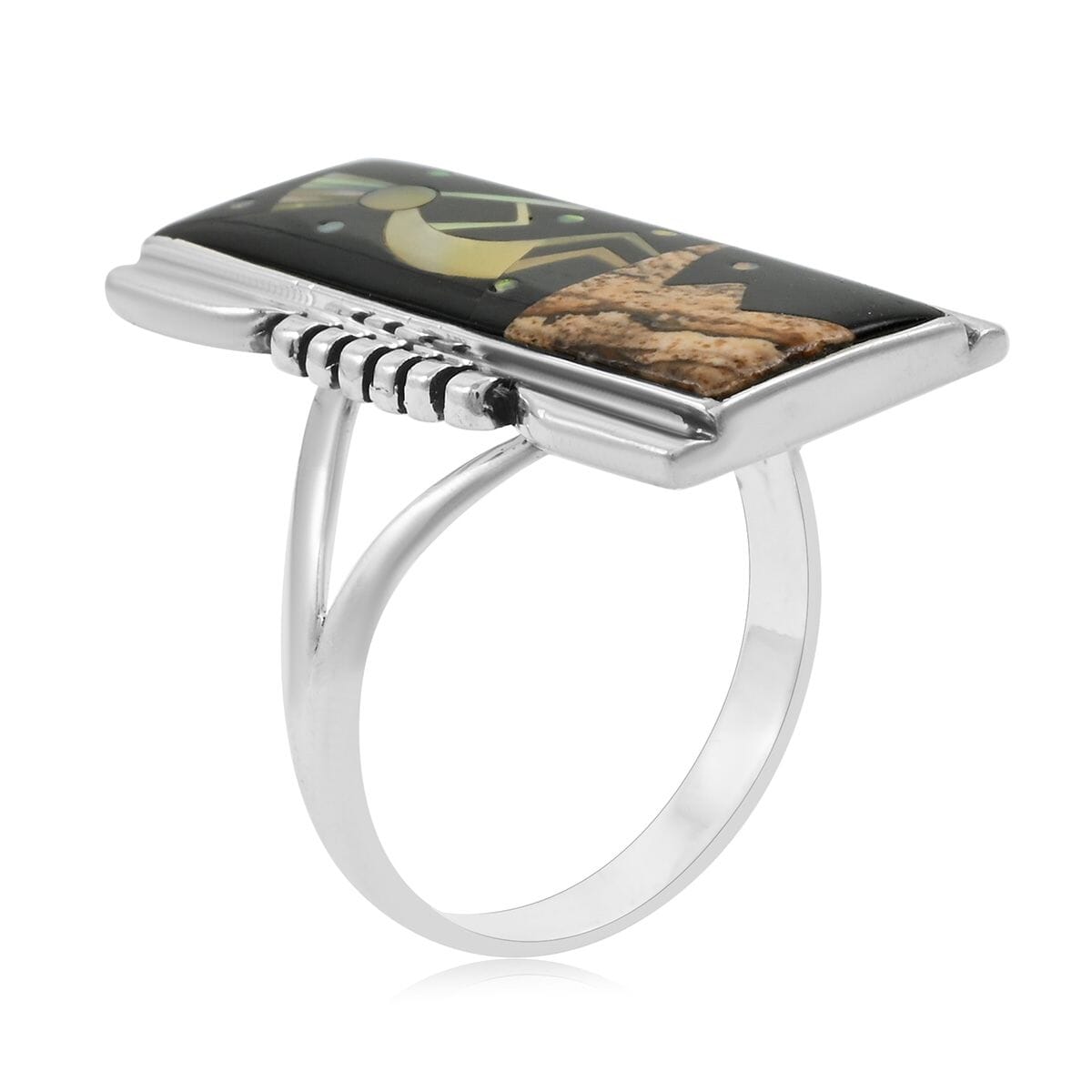 Santa Fe Style Black Onyx and Multi Gemstone 8.00 ctw Kokopelli Ring in Sterling Silver (Size  10.0) image number 3