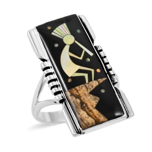 Santa Fe Style Black Onyx and Multi Gemstone 8.00 ctw Kokopelli Ring in Sterling Silver (Size  7.0)