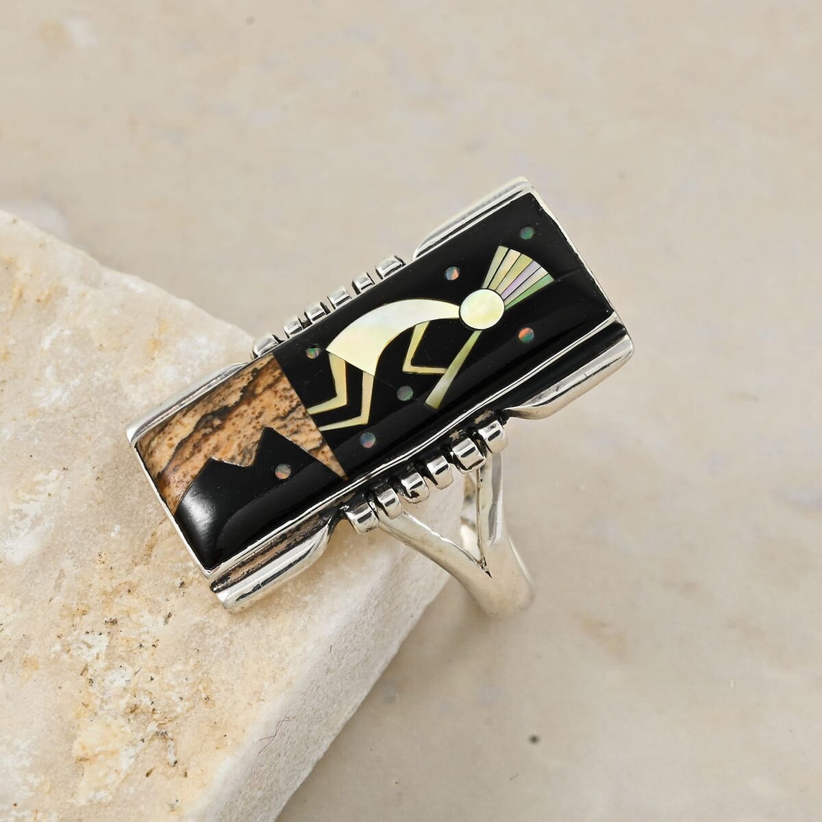 Santa Fe Style Black Onyx and Multi Gemstone 8.00 ctw Kokopelli Ring in Sterling Silver (Size  8.0) image number 1