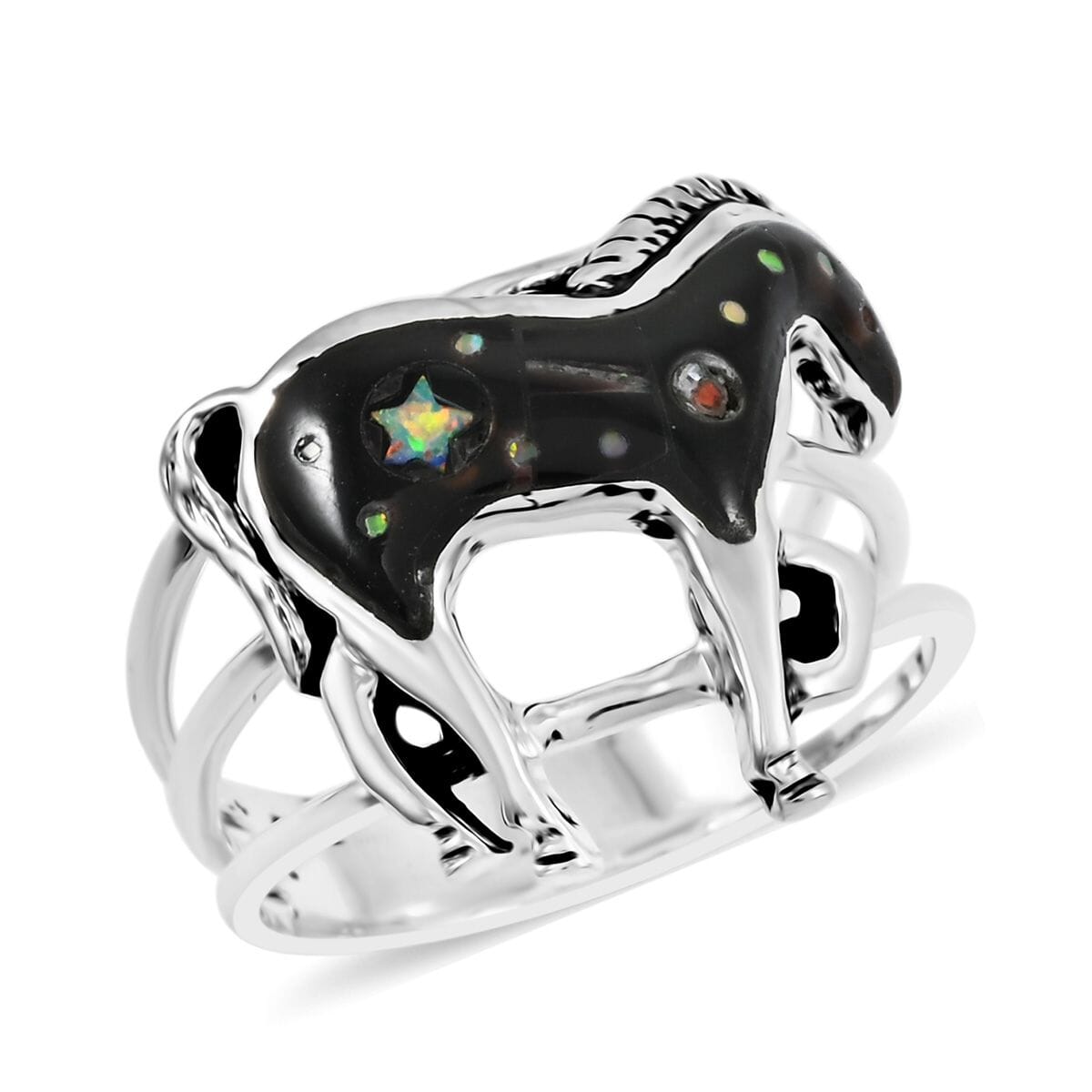 Santa Fe Style Black Onyx 3.50 ctw Horse Ring in Sterling Silver (Size 11.0) image number 0