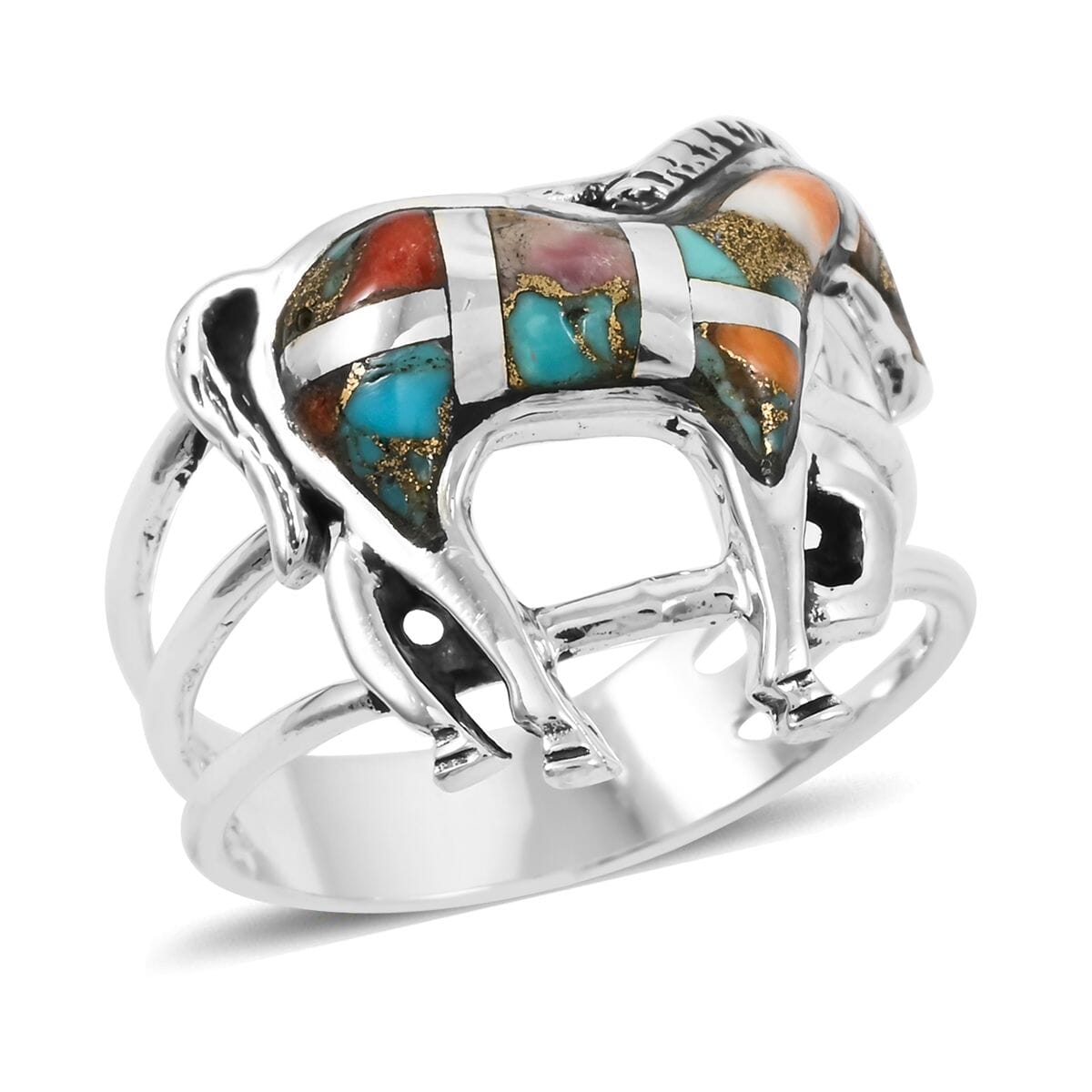 Santa Fe Style Spiny Turquoise 3.50 ctw Horse Ring in Sterling Silver (Size 10.0) image number 0