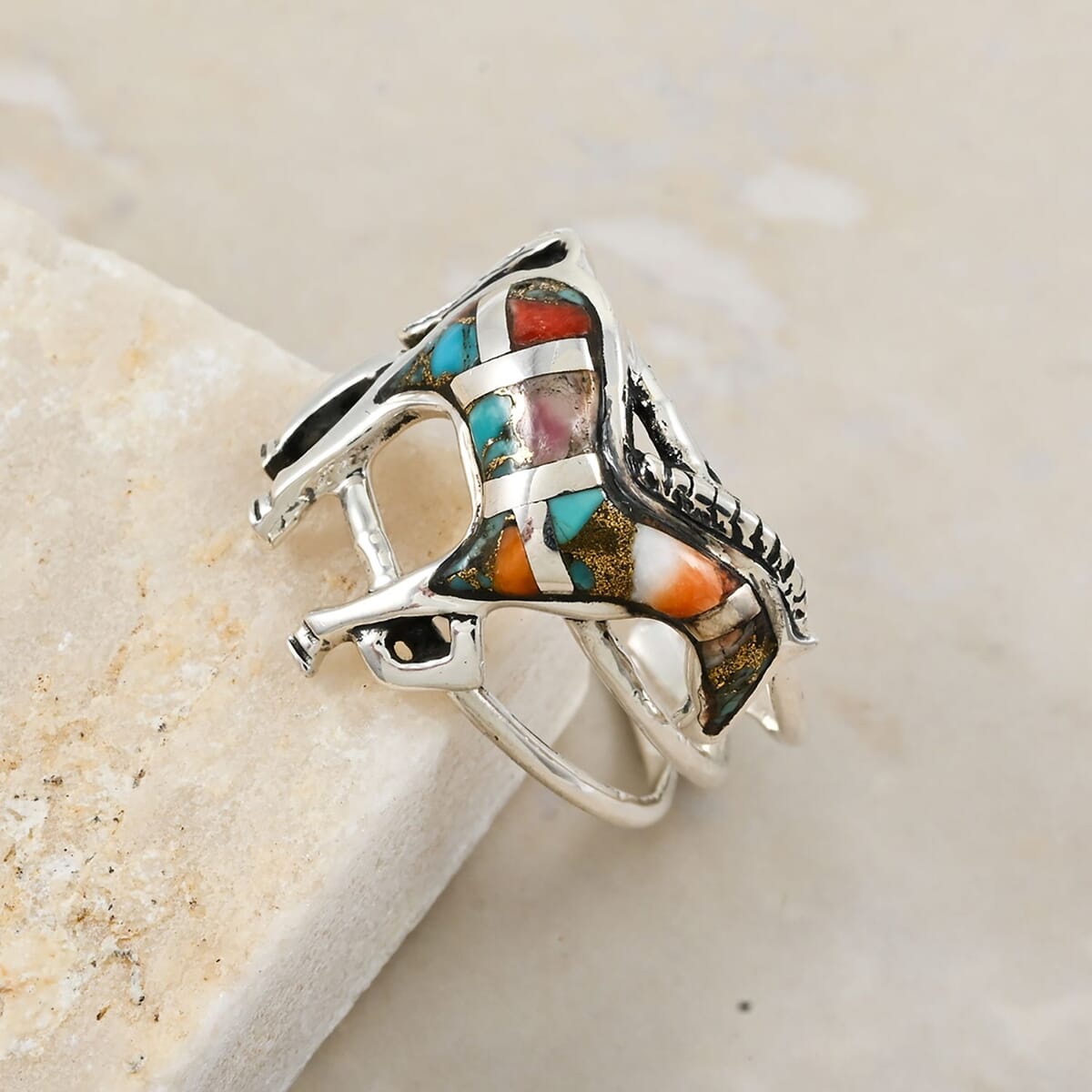 Santa Fe Style Spiny Turquoise 3.50 ctw Horse Ring in Sterling Silver (Size 10.0) image number 1