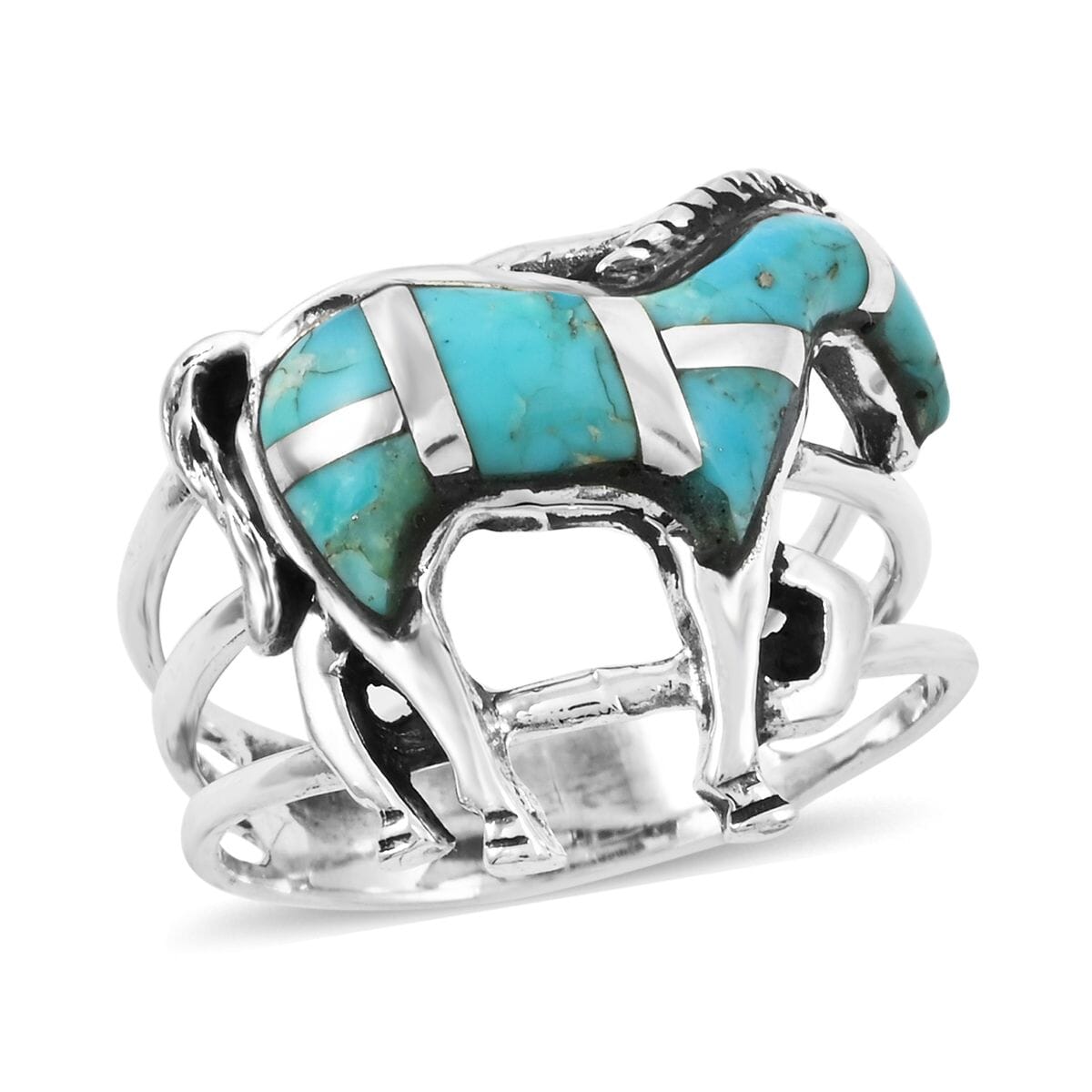 Santa Fe Style Kingman Turquoise 3.50 ctw Horse Ring in Sterling Silver (Size 11.0) image number 0