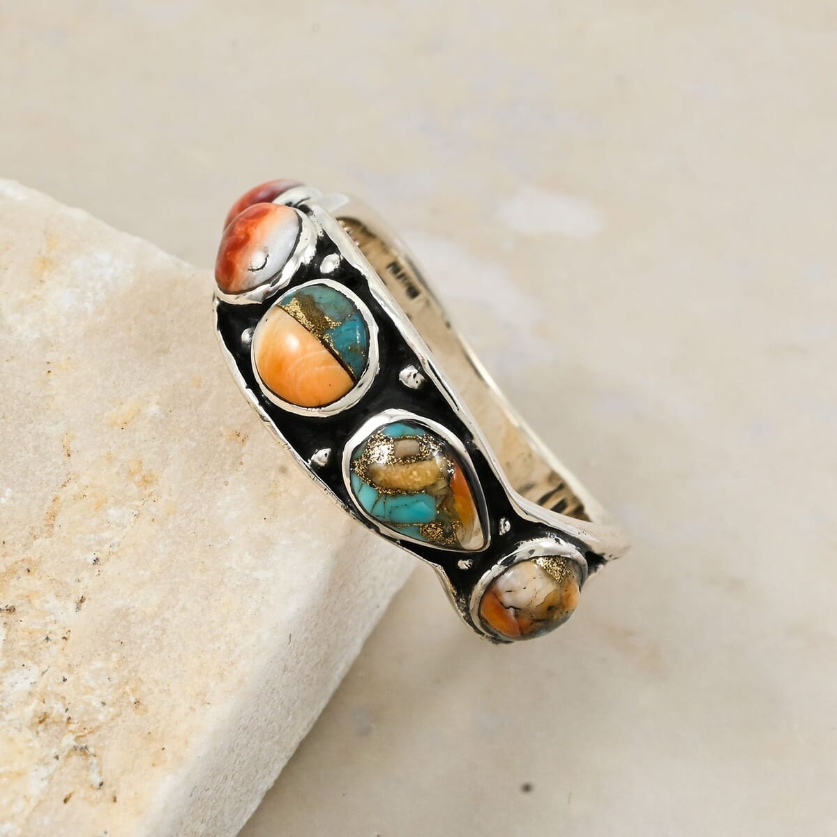 Santa Fe Style Spiny Turquoise 6.10 ctw Ring in Sterling Silver (Size 10.0) image number 1