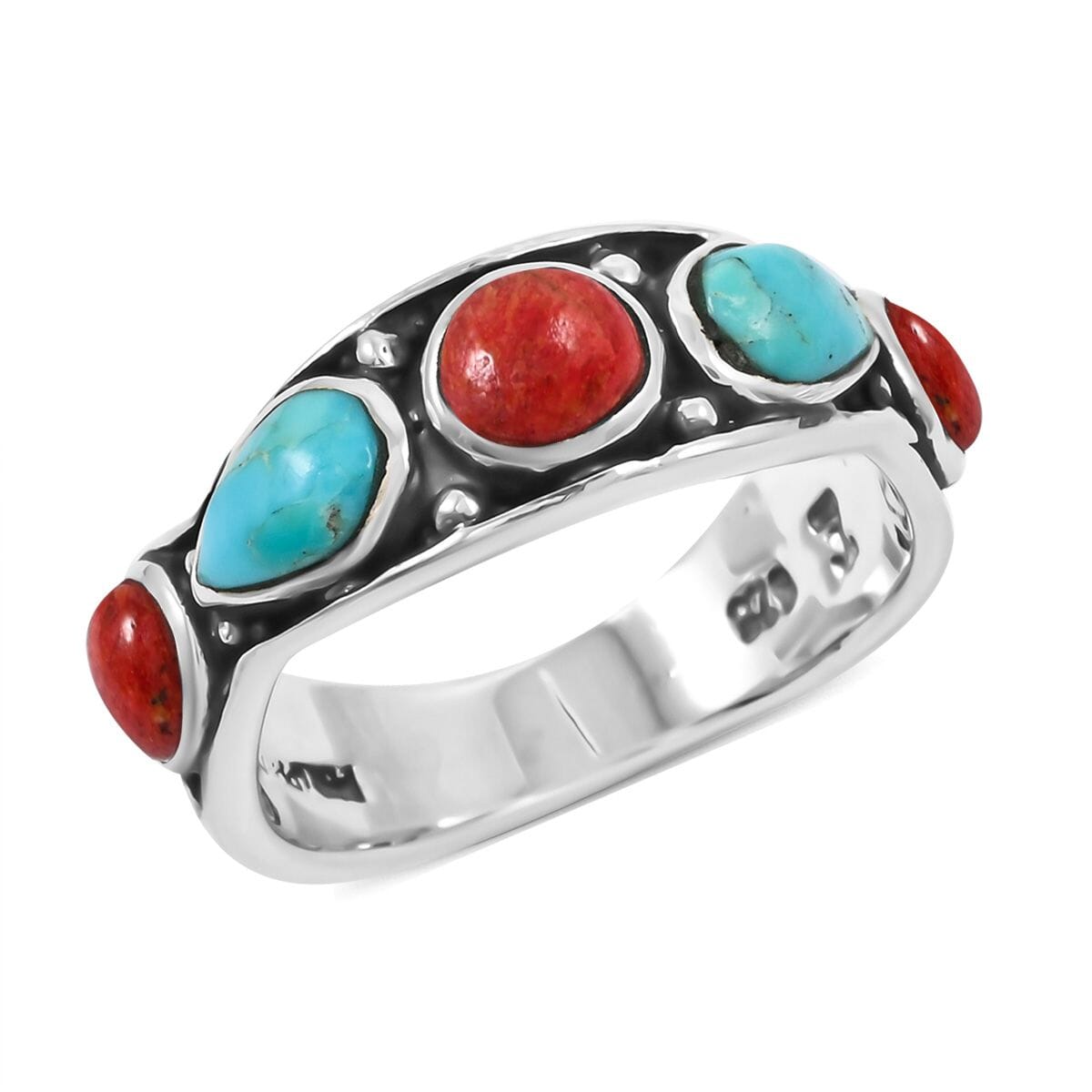 Santa Fe Style Kingman Turquoise and Enhanced Red Coral 6.10 ctw Ring in Sterling Silver (Size 11.0) image number 0