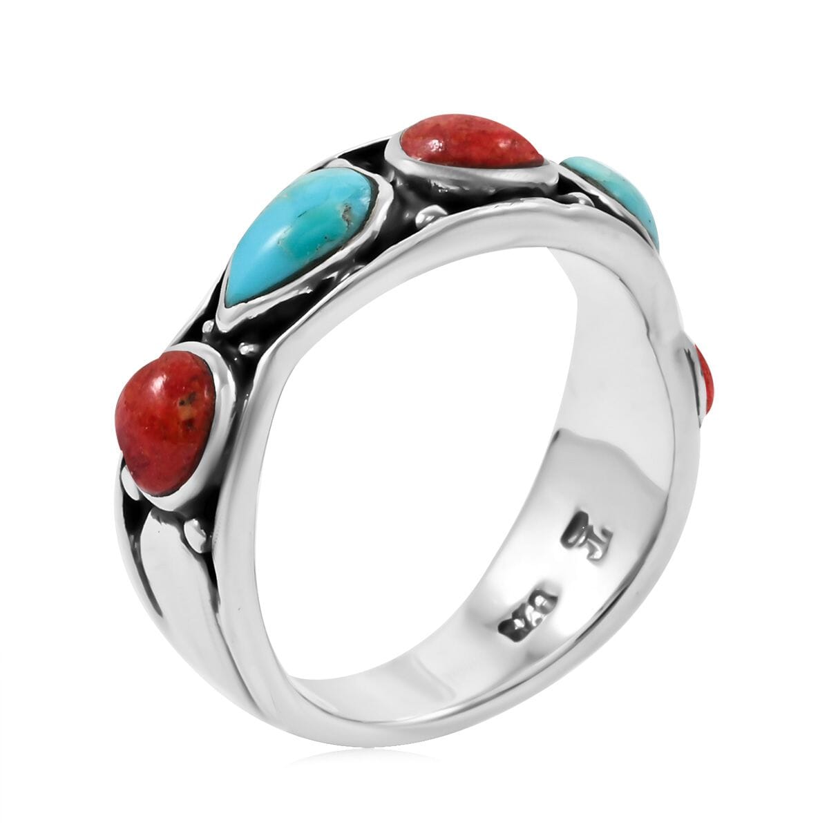 Santa Fe Style Kingman Turquoise and Enhanced Red Coral 6.10 ctw Ring in Sterling Silver (Size 11.0) image number 3