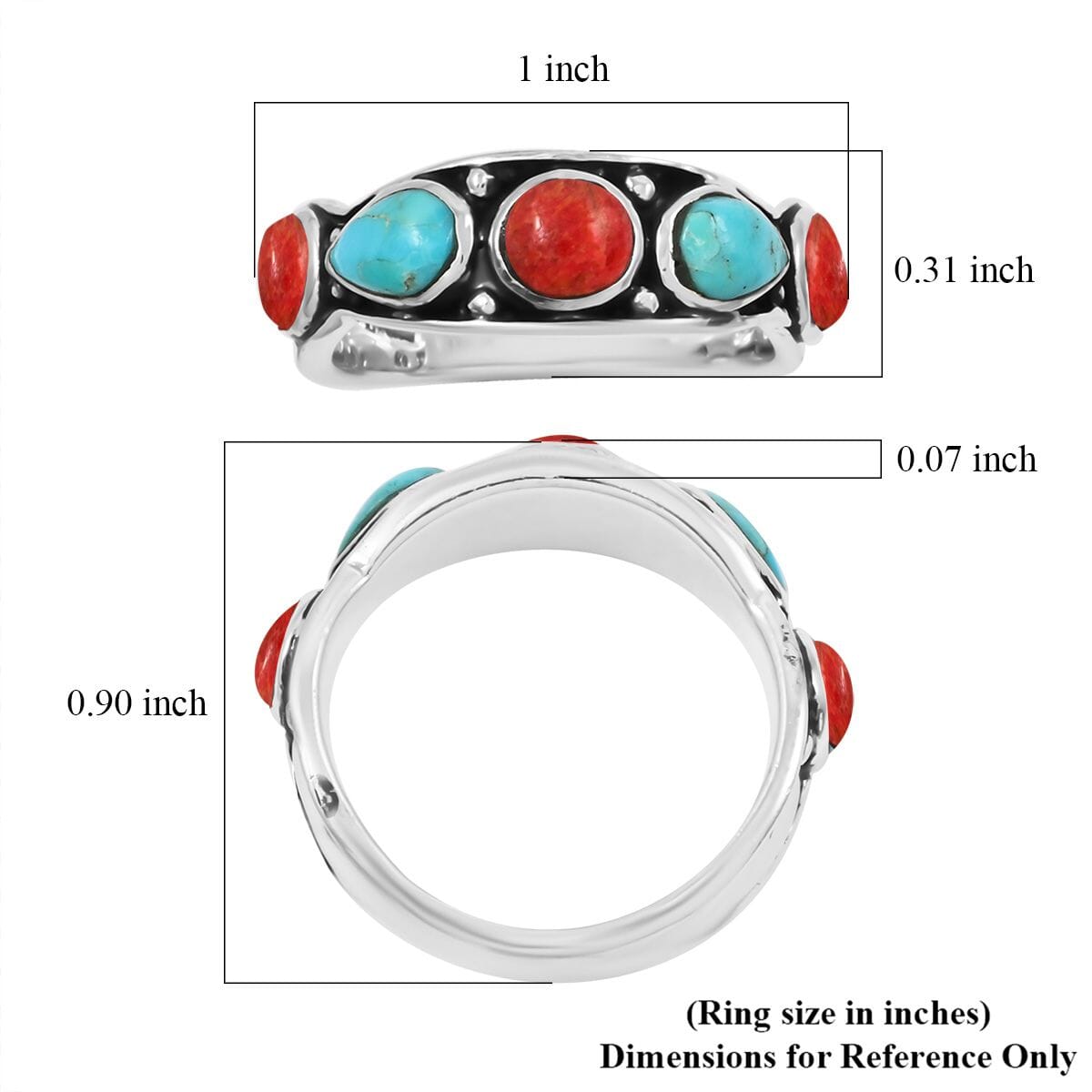 Santa Fe Style Kingman Turquoise and Enhanced Red Coral 6.10 ctw Ring in Sterling Silver (Size 11.0) image number 4