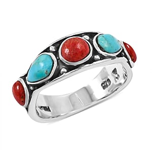 Santa Fe Style Kingman Turquoise and Enhanced Red Coral 6.10 ctw Ring in Sterling Silver (Size 7.0)