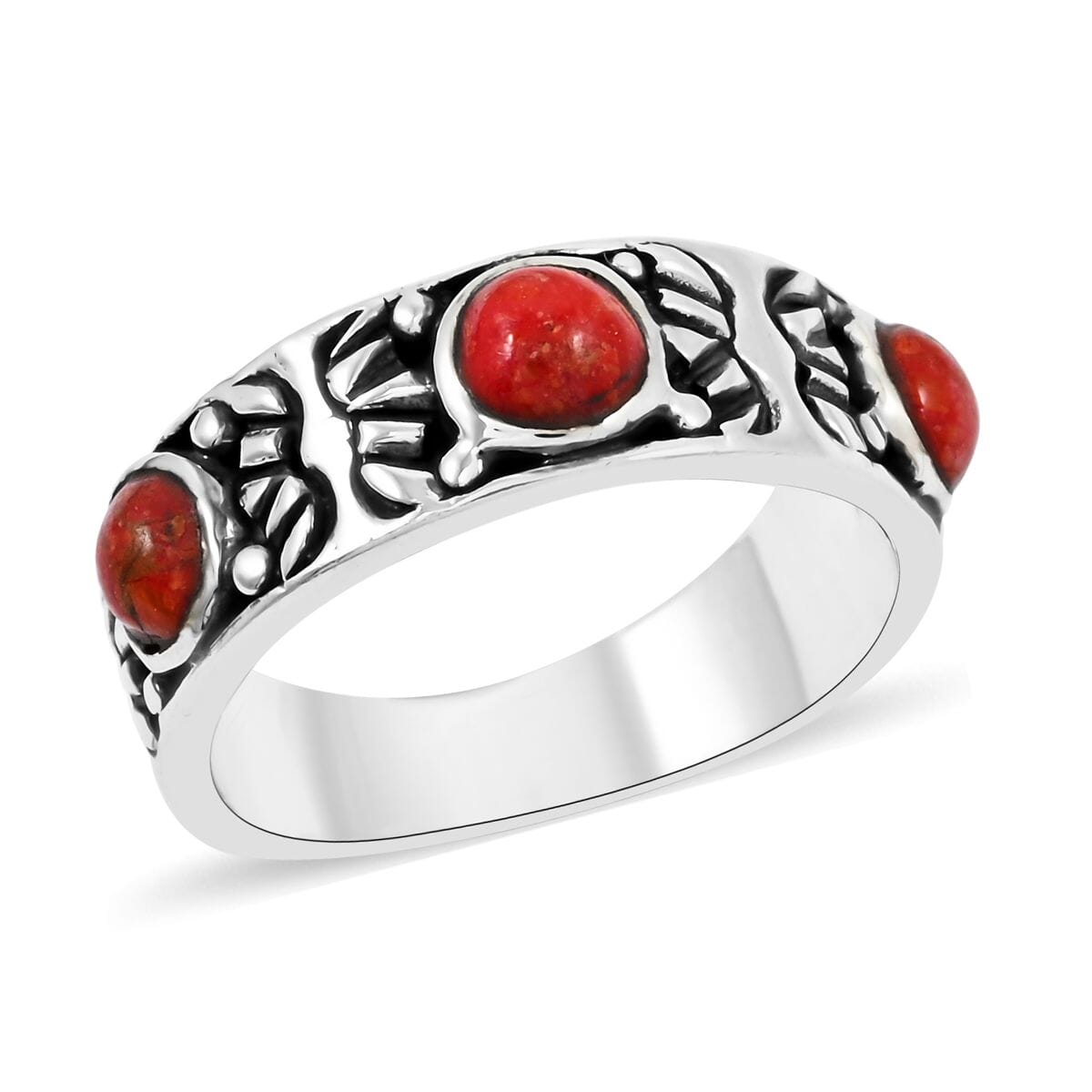 Santa Fe Style Enhanced Red Coral 3.00 ctw Ring in Sterling Silver (Size 7.0) image number 0