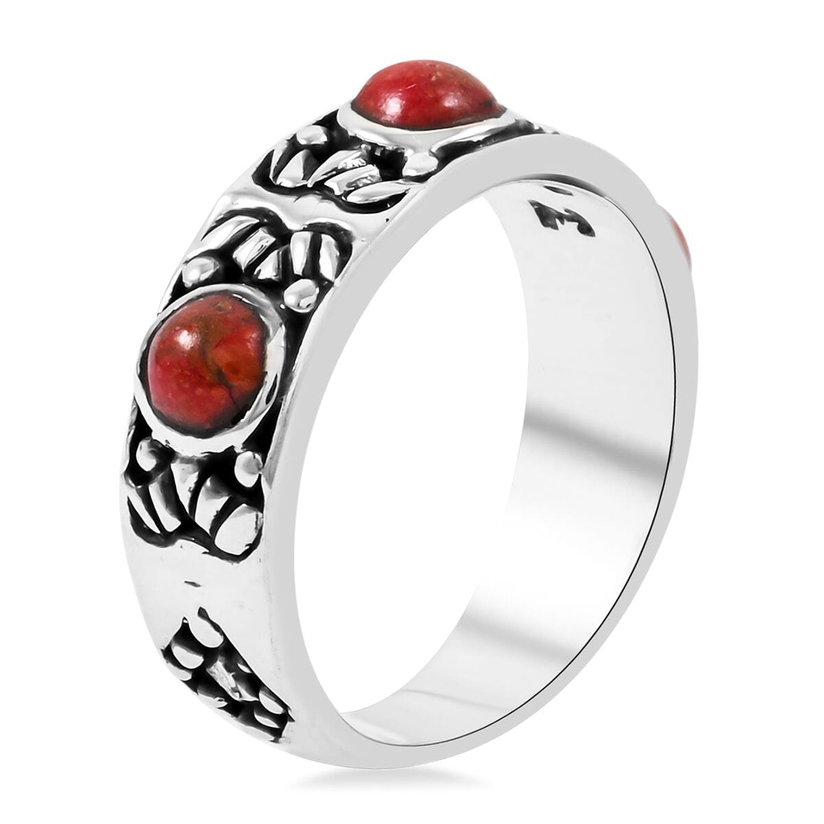 Santa Fe Style Enhanced Red Coral 3.00 ctw Ring in Sterling Silver (Size 7.0) image number 3