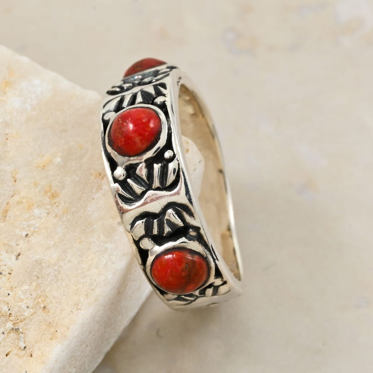 Santa Fe Style Enhanced Red Coral 3.00 ctw Ring in Sterling Silver (Size 9.0) image number 1