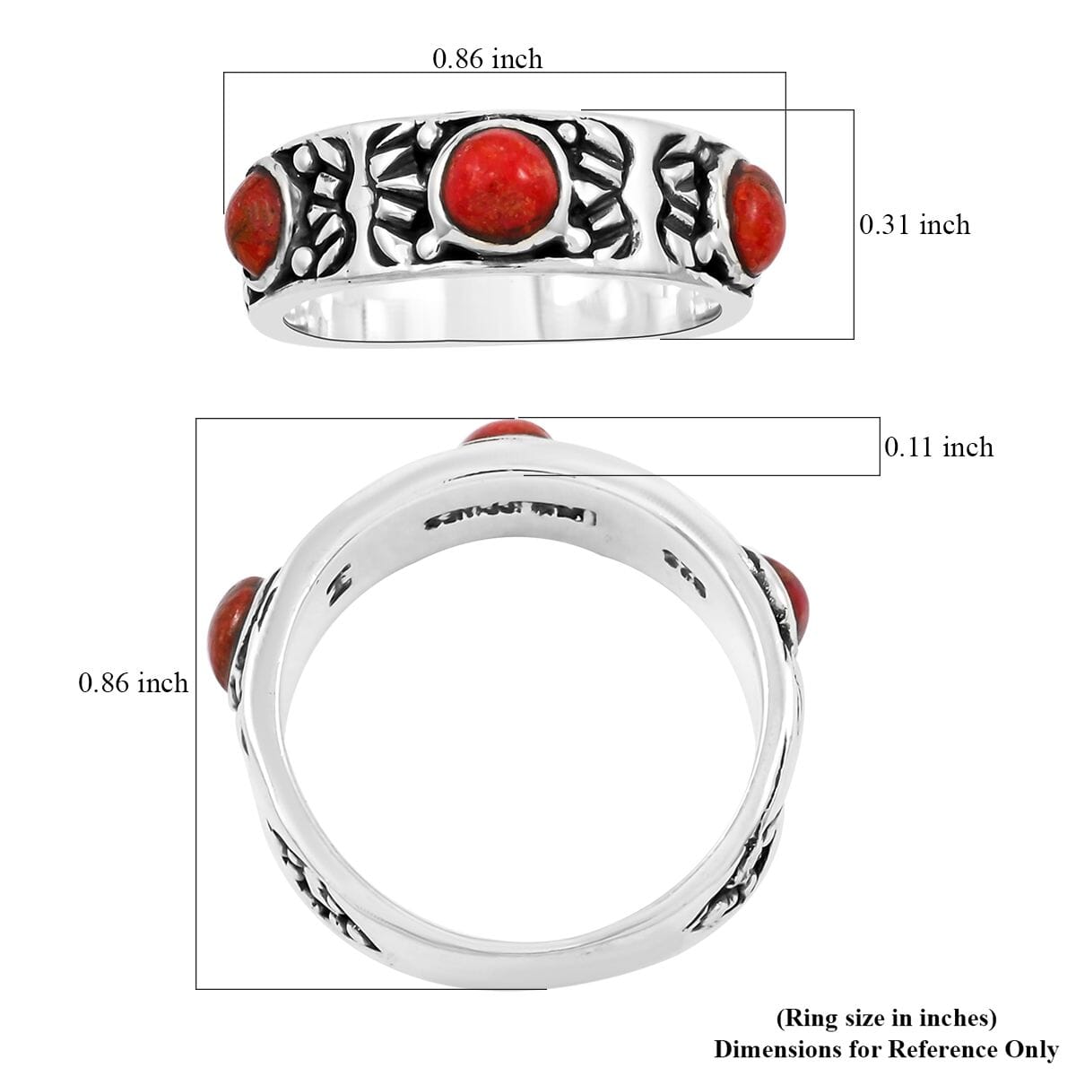 Santa Fe Style Enhanced Red Coral 3.00 ctw Ring in Sterling Silver (Size 9.0) image number 4