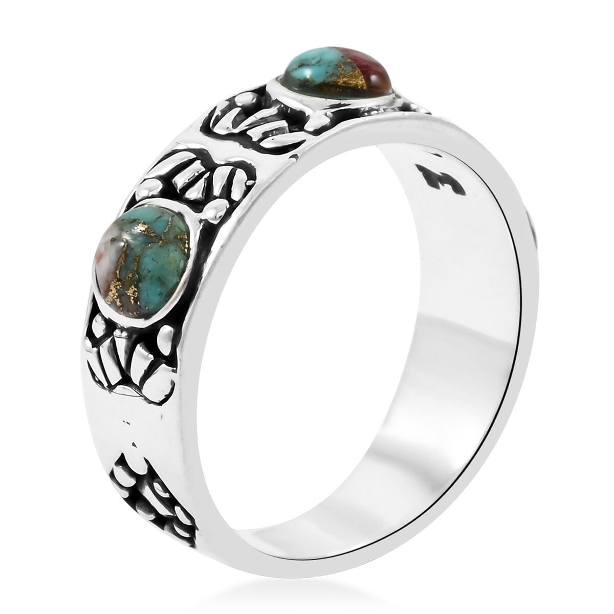 Santa Fe Style Spiny Turquoise 3.00 ctw Ring in Sterling Silver (Size  6.0) image number 3