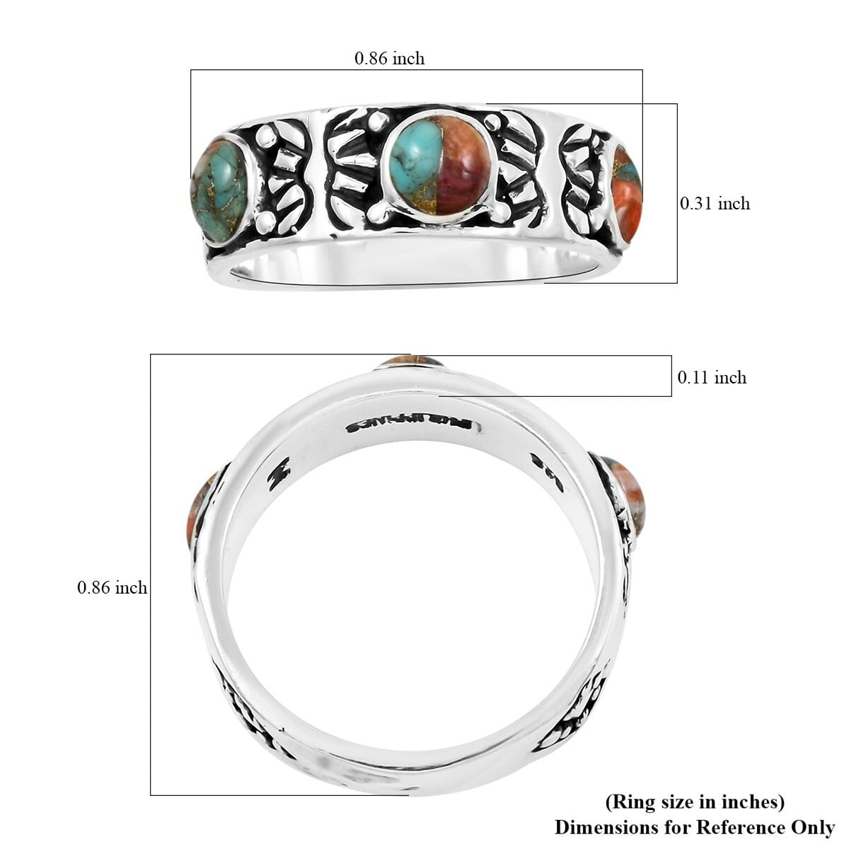 Santa Fe Style Spiny Turquoise 3.00 ctw Ring in Sterling Silver (Size  6.0) image number 4