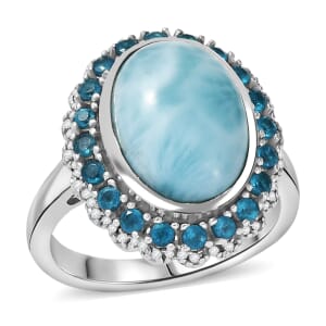 D'Joy Larimar and Multi Gemstone 7.80 ctw Ocean's Halo Ring in Rhodium Over Sterling Silver (Size 10.0)
