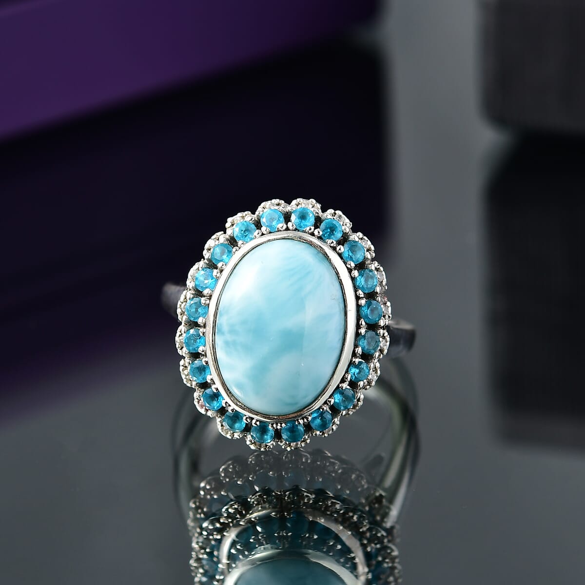 D'Joy Larimar and Multi Gemstone 7.80 ctw Ocean's Halo Ring in Rhodium Over Sterling Silver (Size 10.0) image number 1