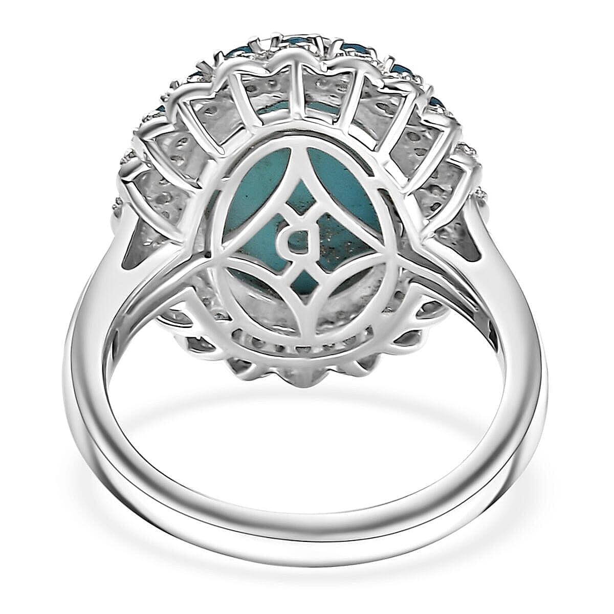 D'Joy Larimar and Multi Gemstone 7.80 ctw Ocean's Halo Ring in Rhodium Over Sterling Silver (Size 10.0)