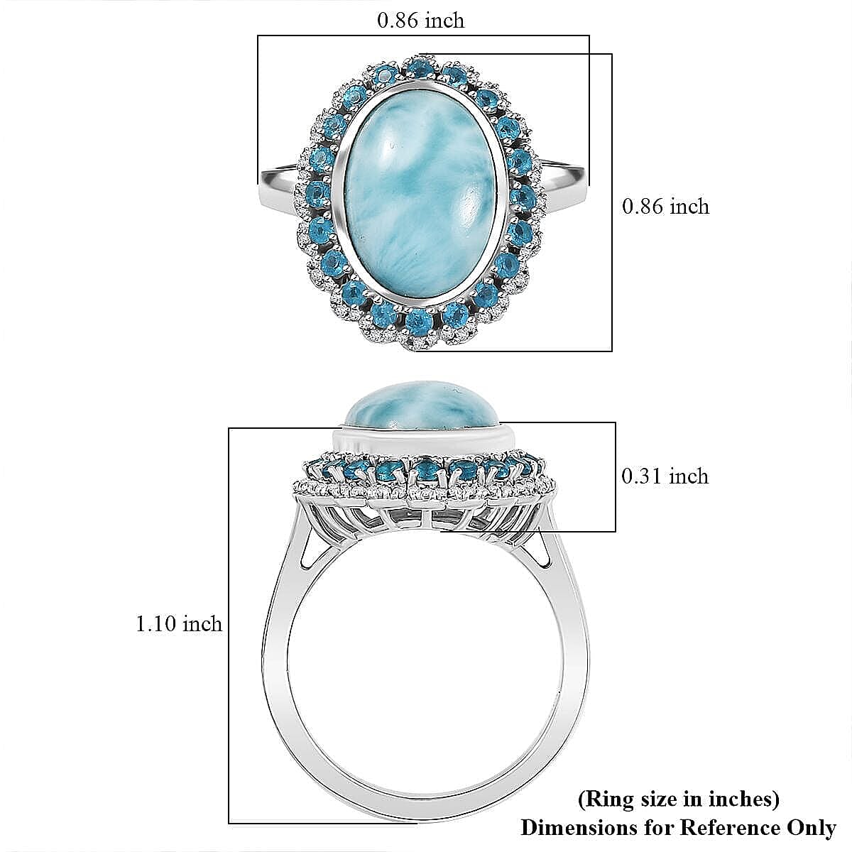 D'Joy Larimar and Multi Gemstone 7.80 ctw Ocean's Halo Ring in Rhodium Over Sterling Silver (Size 10.0)