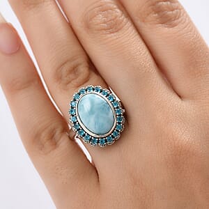 D'Joy Larimar and Multi Gemstone 7.80 ctw Ocean's Halo Ring in Rhodium Over Sterling Silver (Size 6.0)