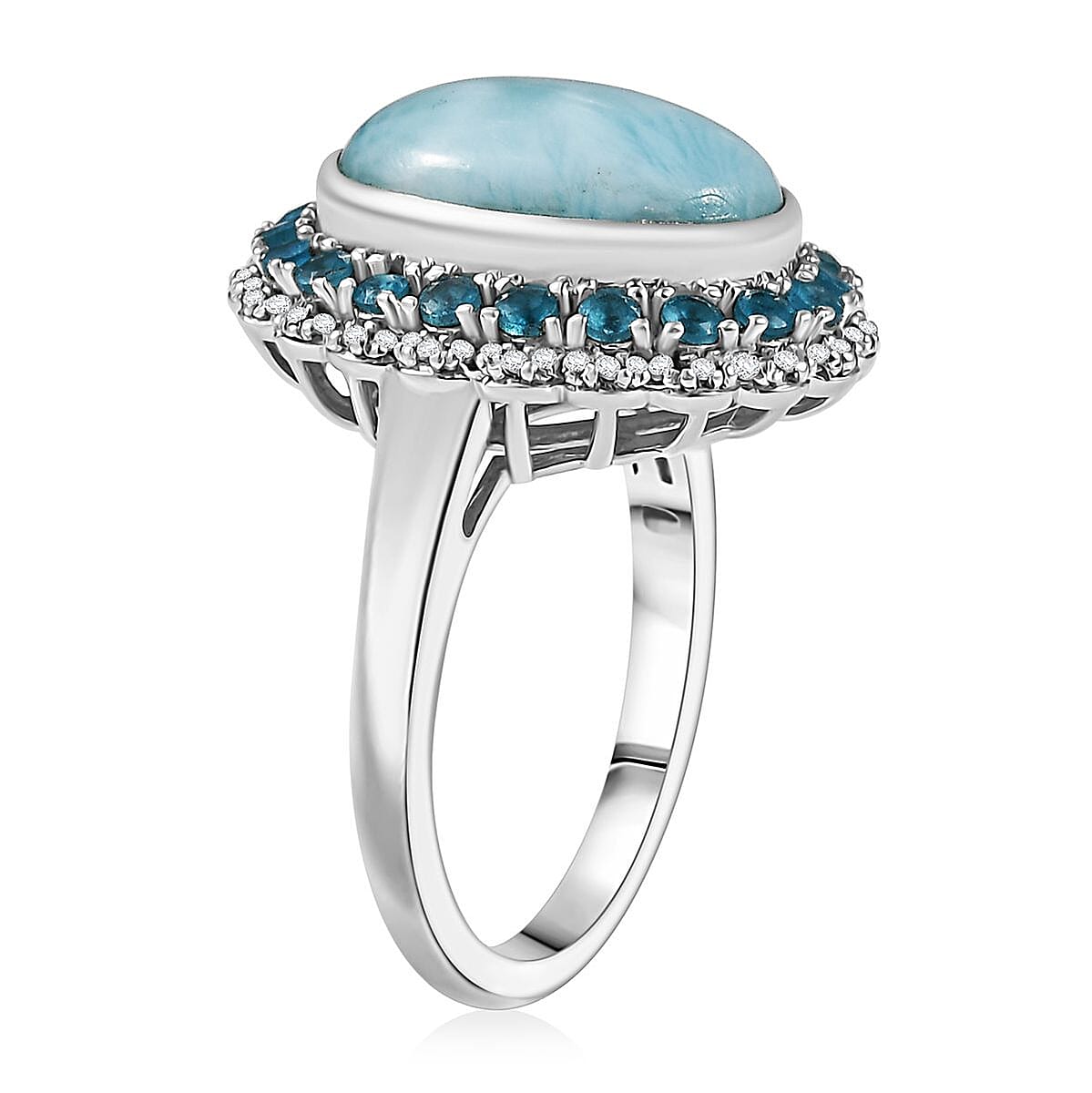D'Joy Larimar and Multi Gemstone 7.80 ctw Ocean's Halo Ring in Rhodium Over Sterling Silver (Size 9.0) image number 3