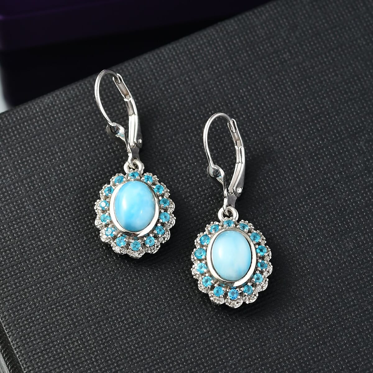 D’Joy Larimar and Multi Gemstone 3.40 ctw Ocean's Halo Earrings in Rhodium Over Sterling Silver image number 1